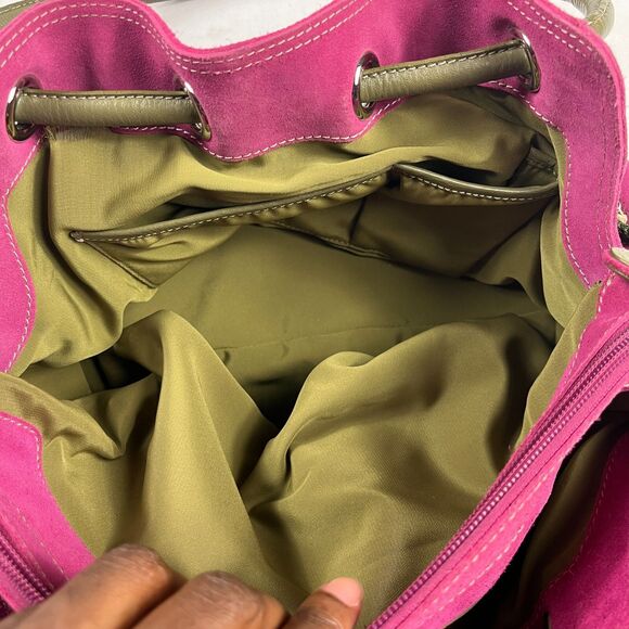 Cole Haan Fuchsia Suede Shoulder Bag Olive Trim Leather Strap Boho Slouchy Tote - Picture 9 of 14